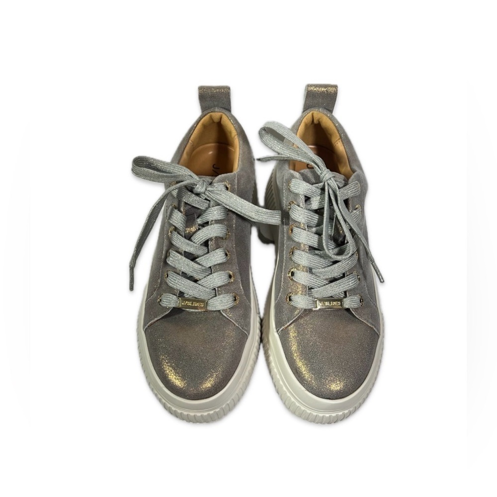 J/SLIDES Gray with Gold Metallic Finish Lace Up Shoes Leather Upper Size 6